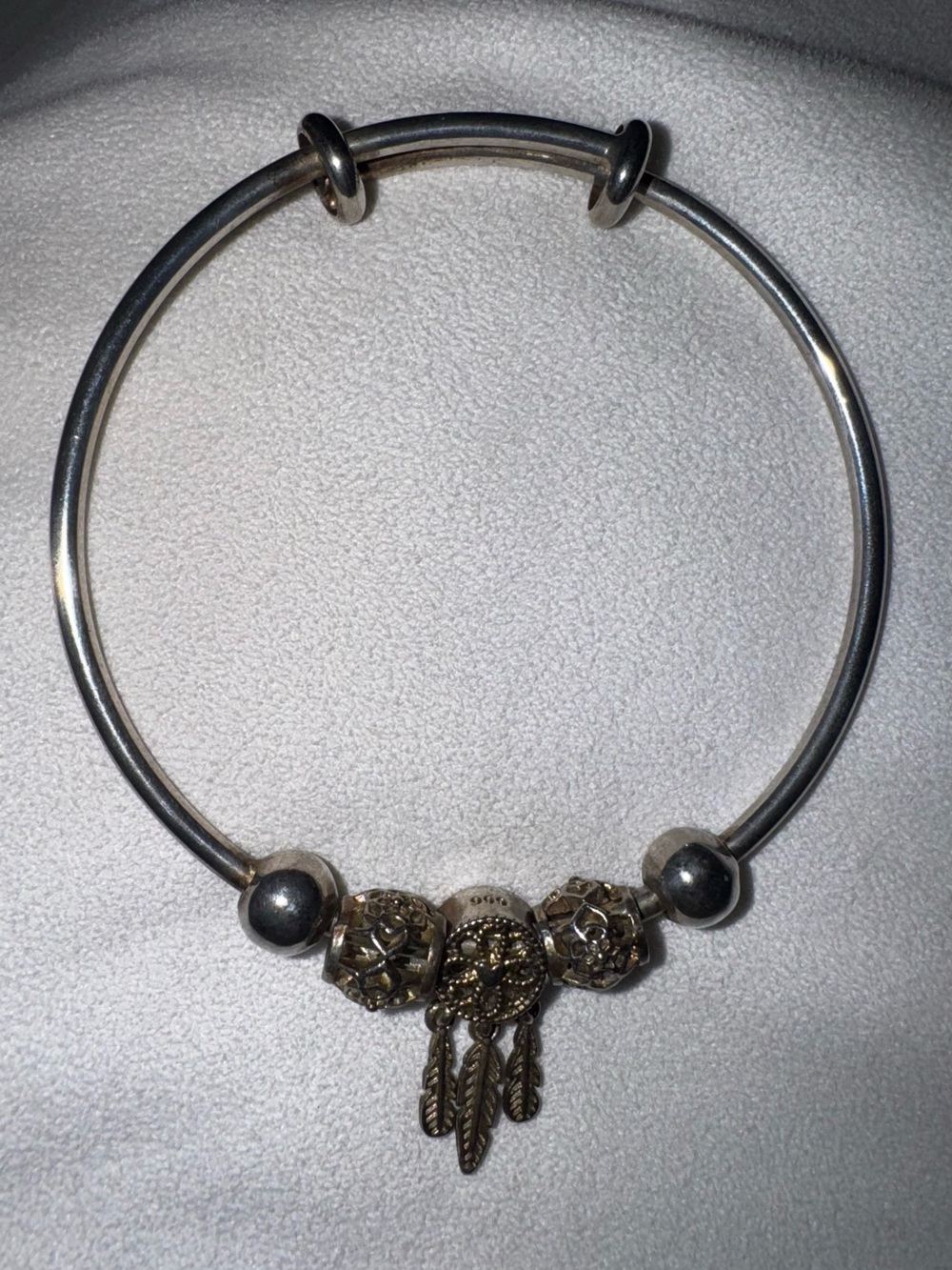 Vintage Pure Sterling Silver Bangle Bracelet with Mixed Charms, marked 999